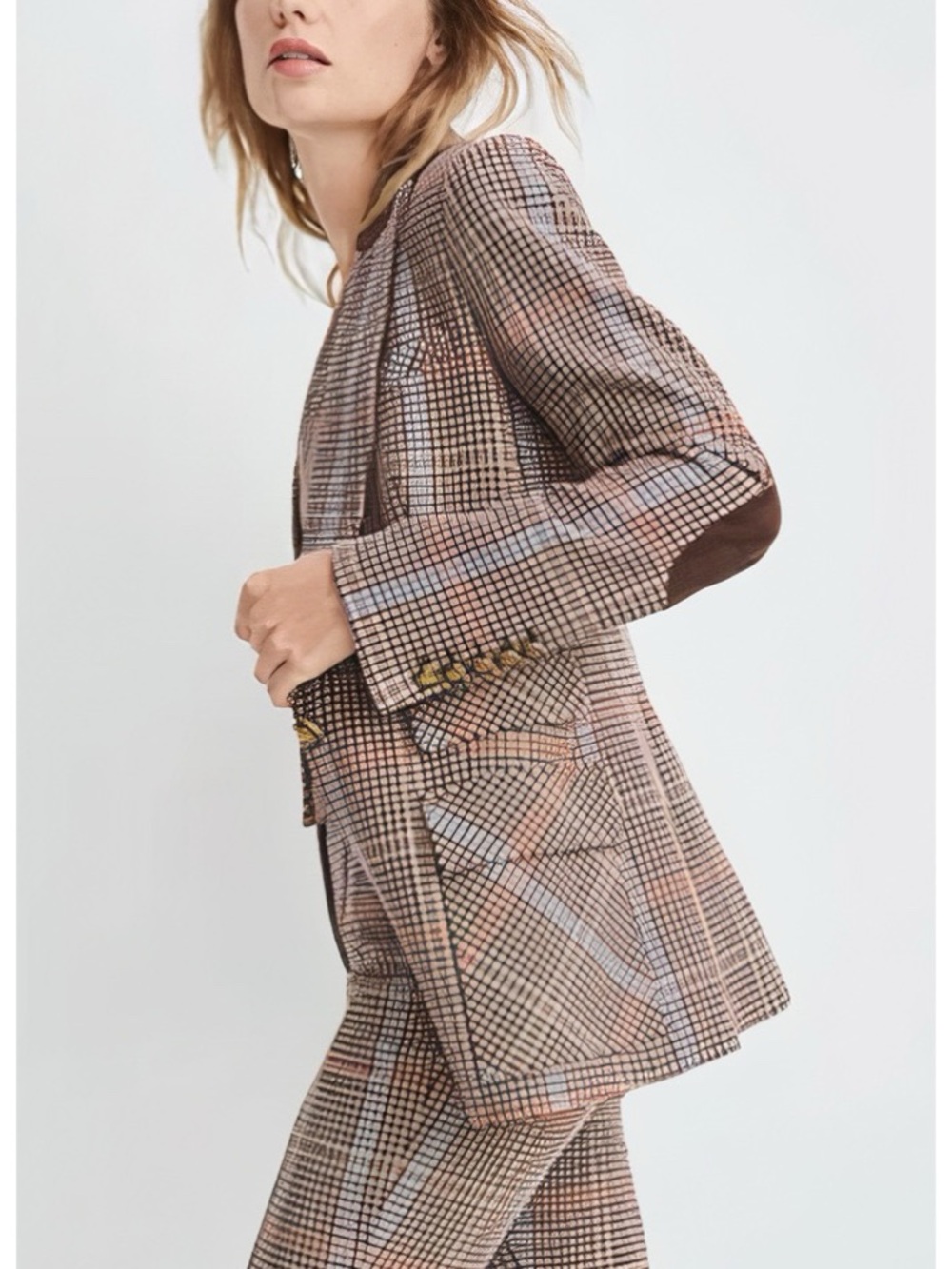Veronica Beard Dickey Houndstooth Plaid Destry Suede-Patch Blazer Jacket - Picture 3 of 6